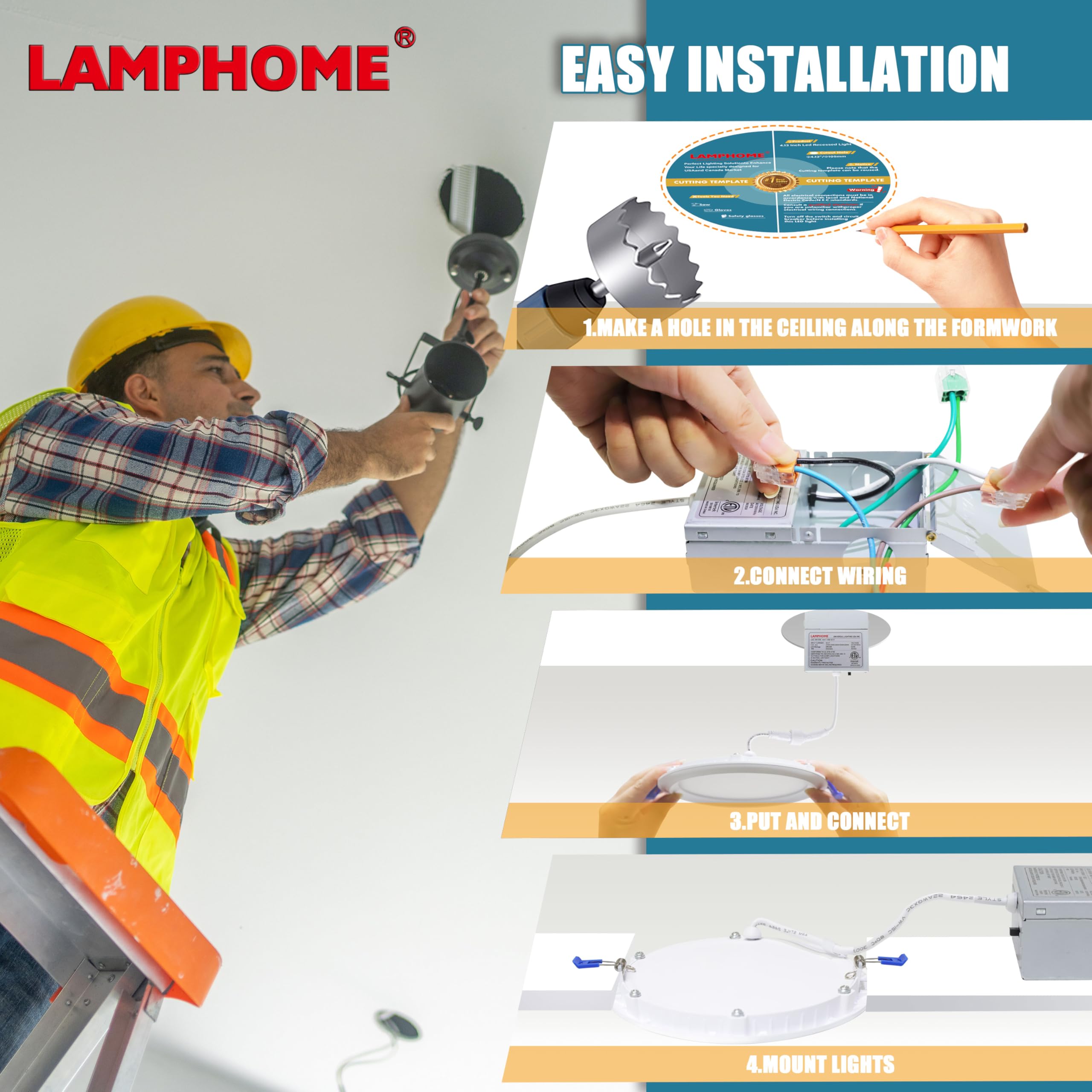 LAMPHOME 1-Pack of 4-Inch Slim LED Recessed Lights with Junction Box, Adjustable Color Temperatures (2700K-5000K), 9W Equivalent to 75W, Dimmable, 950LM Brightness - ETL and Energy Star Certified - Image 2