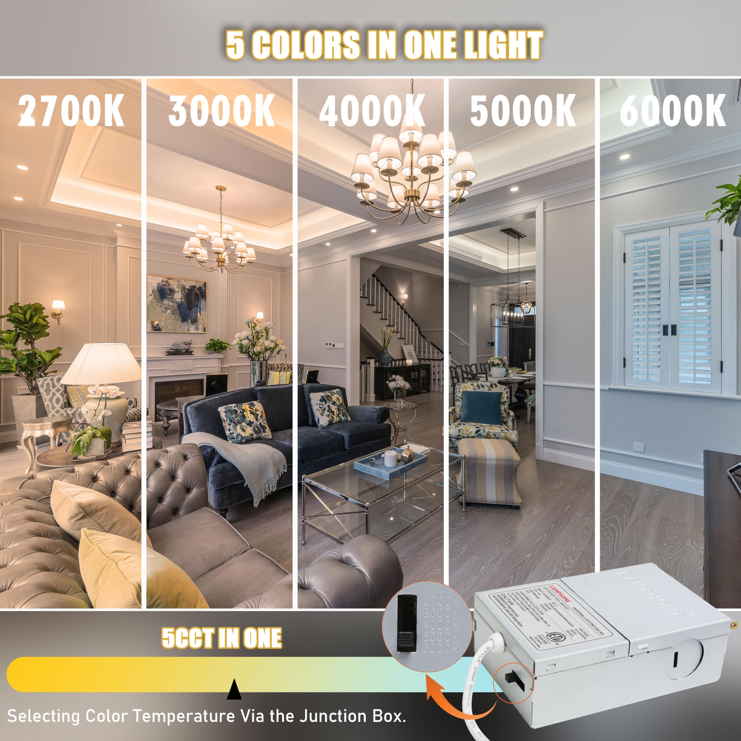 LAMPHOME 1-Pack of 4-Inch Slim LED Recessed Lights with Junction Box, Adjustable Color Temperatures (2700K-5000K), 9W Equivalent to 75W, Dimmable, 950LM Brightness - ETL and Energy Star Certified - Image 5