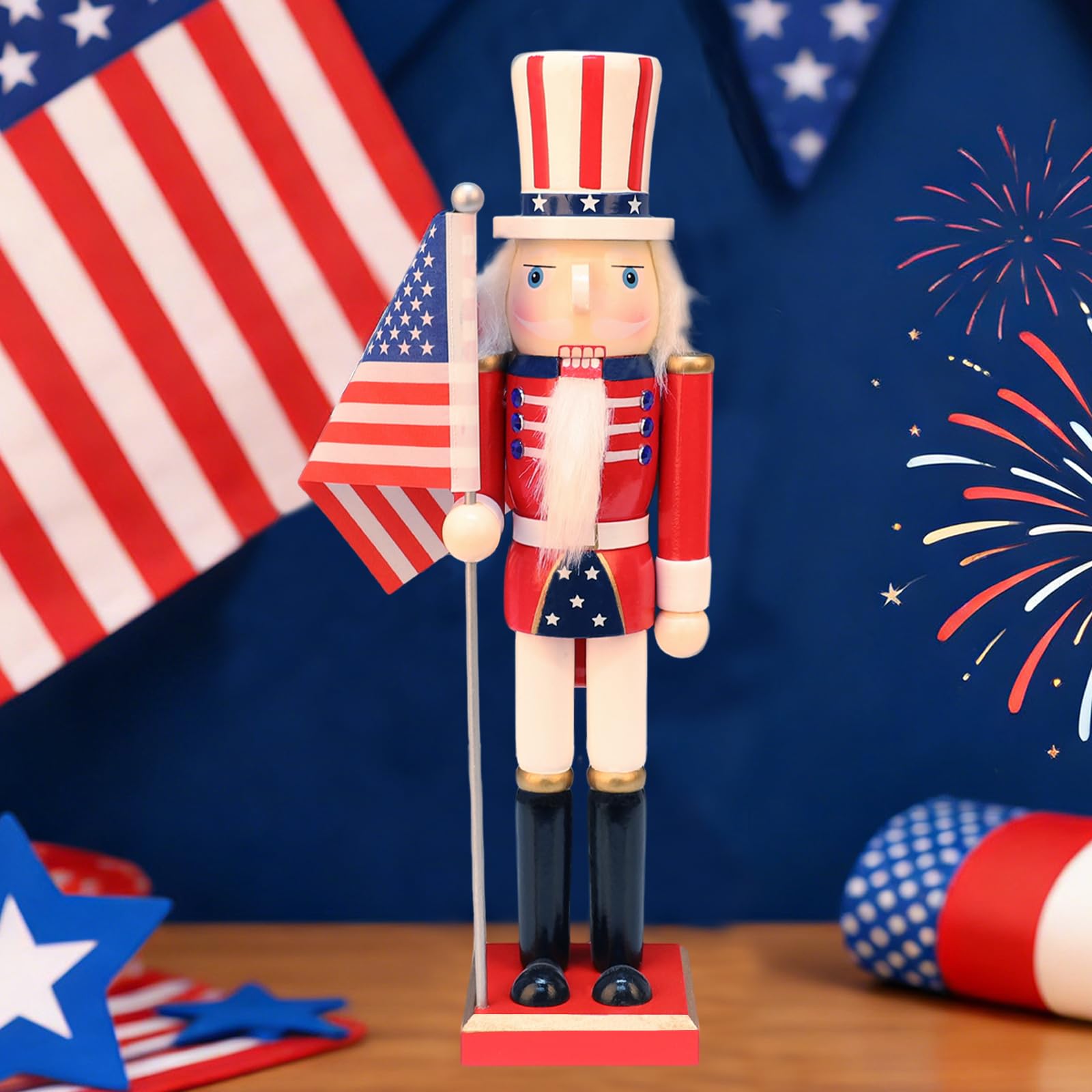 LAMPHOME 15 Inch Wooden American Flag Nutcracker Soldier Figurine with Wooden Base, Patriotic Collectible Statue, Tabletop Ornament for Independence Day, 4th of July & Christmas，Desktop Home Decor
