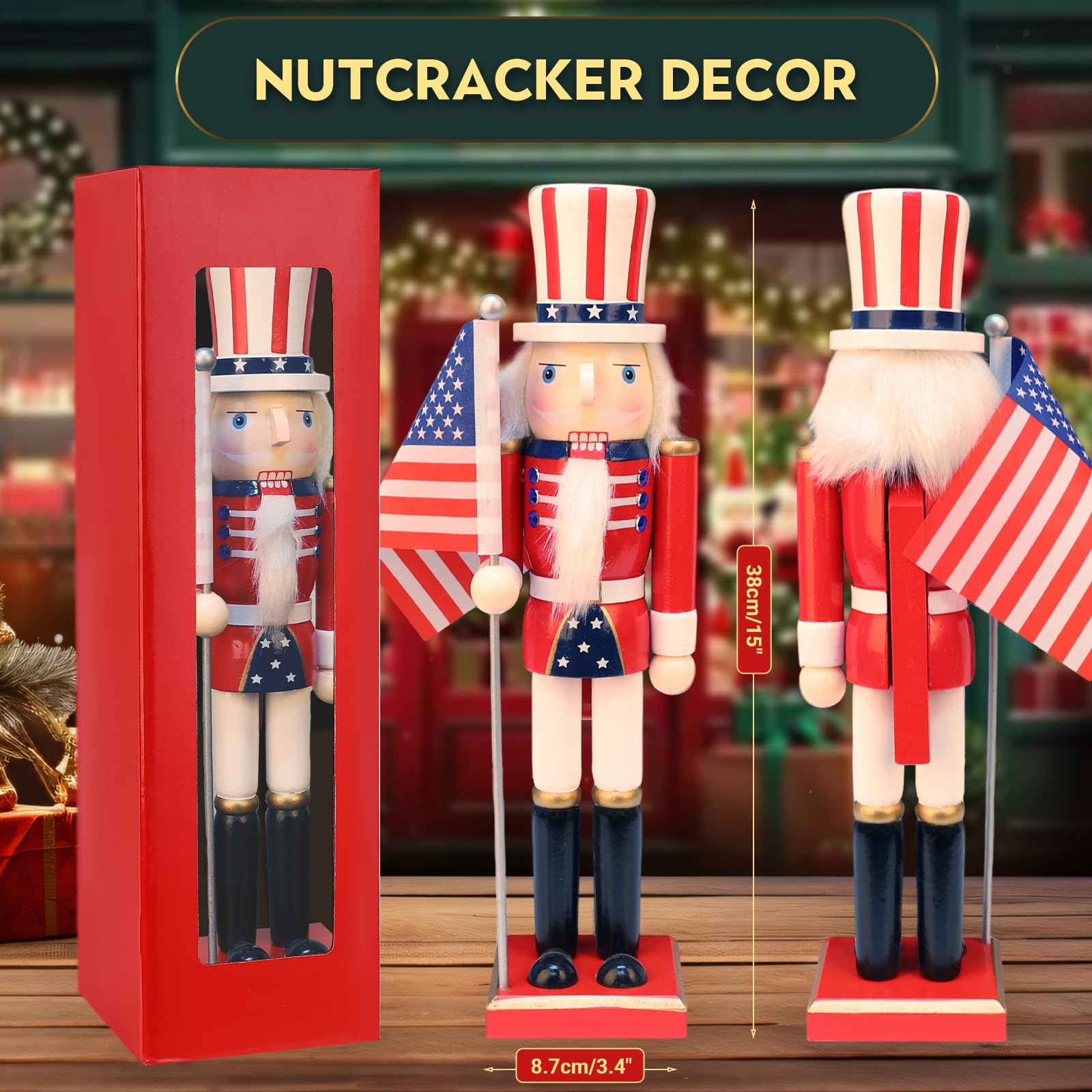 LAMPHOME 15 Inch Wooden American Flag Nutcracker Soldier Figurine with Wooden Base, Patriotic Collectible Statue, Tabletop Ornament for Independence Day, 4th of July & Christmas，Desktop Home Decor - Image 2