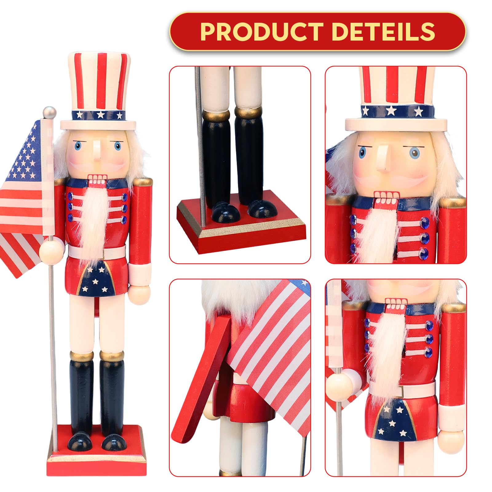 LAMPHOME 15 Inch Wooden American Flag Nutcracker Soldier Figurine with Wooden Base, Patriotic Collectible Statue, Tabletop Ornament for Independence Day, 4th of July & Christmas，Desktop Home Decor - Image 3