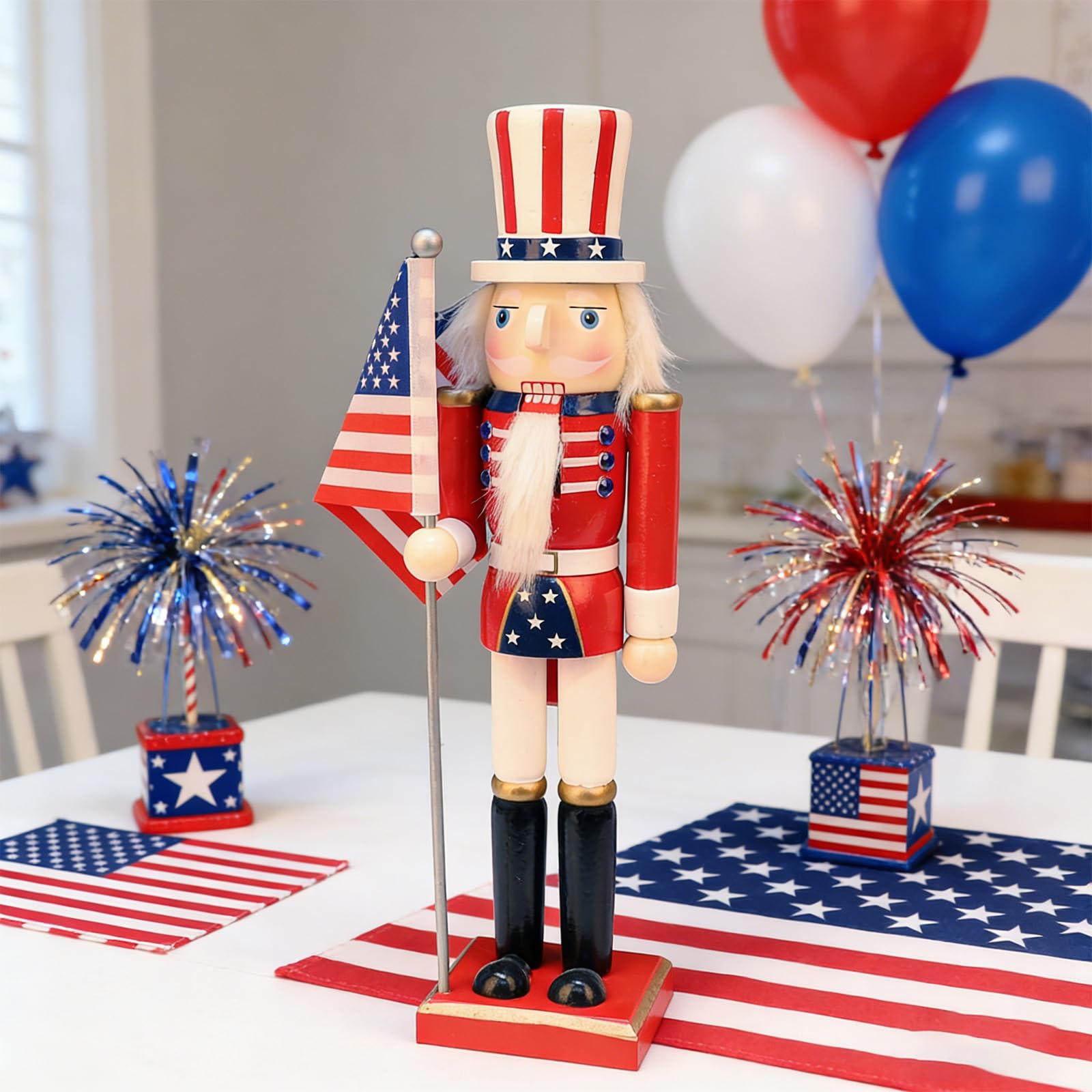 LAMPHOME 15 Inch Wooden American Flag Nutcracker Soldier Figurine with Wooden Base, Patriotic Collectible Statue, Tabletop Ornament for Independence Day, 4th of July & Christmas，Desktop Home Decor - Image 4