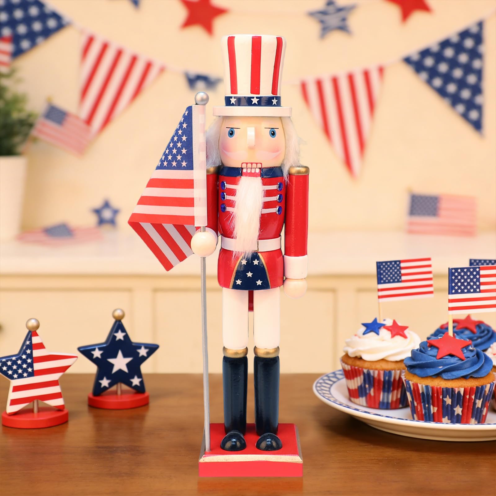LAMPHOME 15 Inch Wooden American Flag Nutcracker Soldier Figurine with Wooden Base, Patriotic Collectible Statue, Tabletop Ornament for Independence Day, 4th of July & Christmas，Desktop Home Decor - Image 5