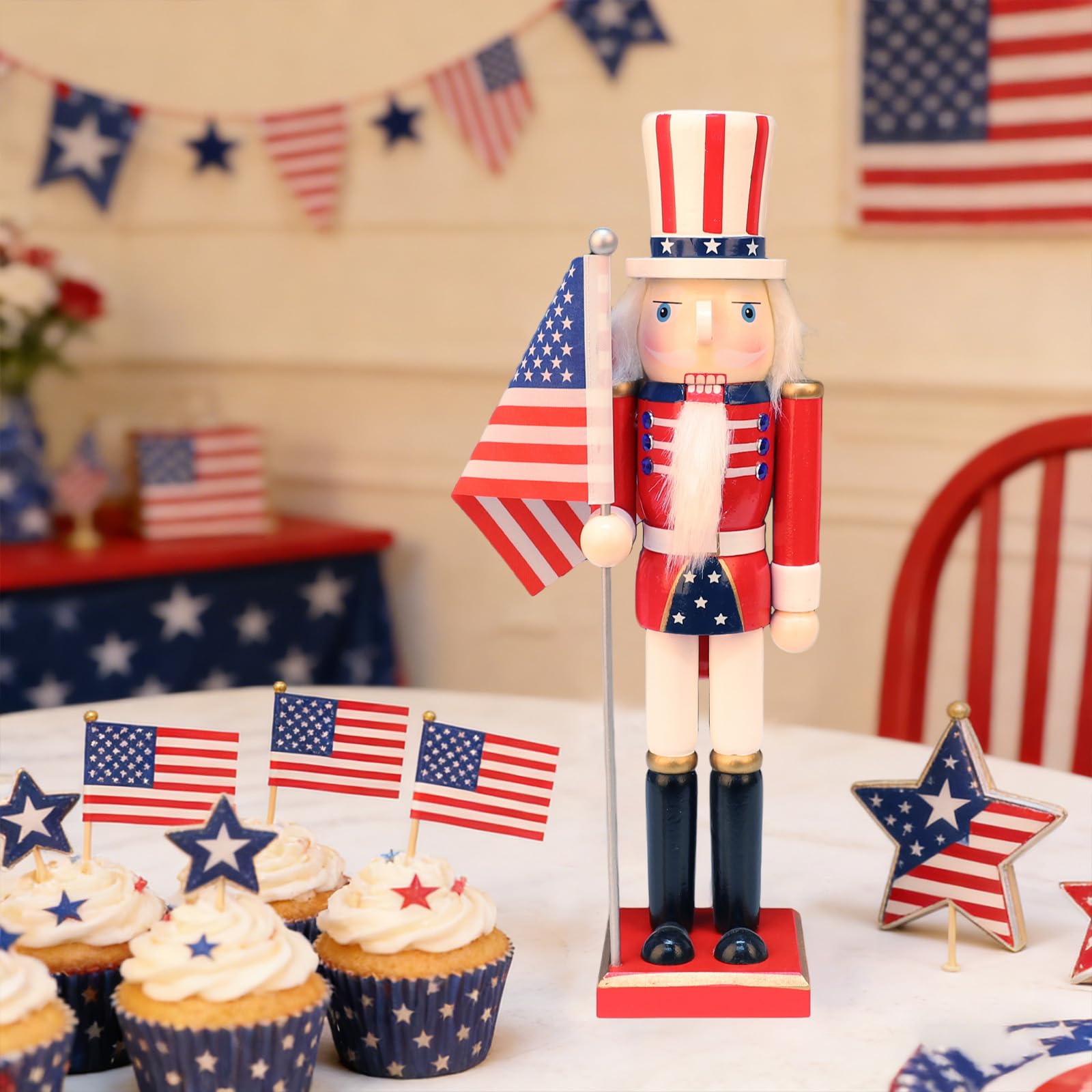 LAMPHOME 15 Inch Wooden American Flag Nutcracker Soldier Figurine with Wooden Base, Patriotic Collectible Statue, Tabletop Ornament for Independence Day, 4th of July & Christmas，Desktop Home Decor - Image 6