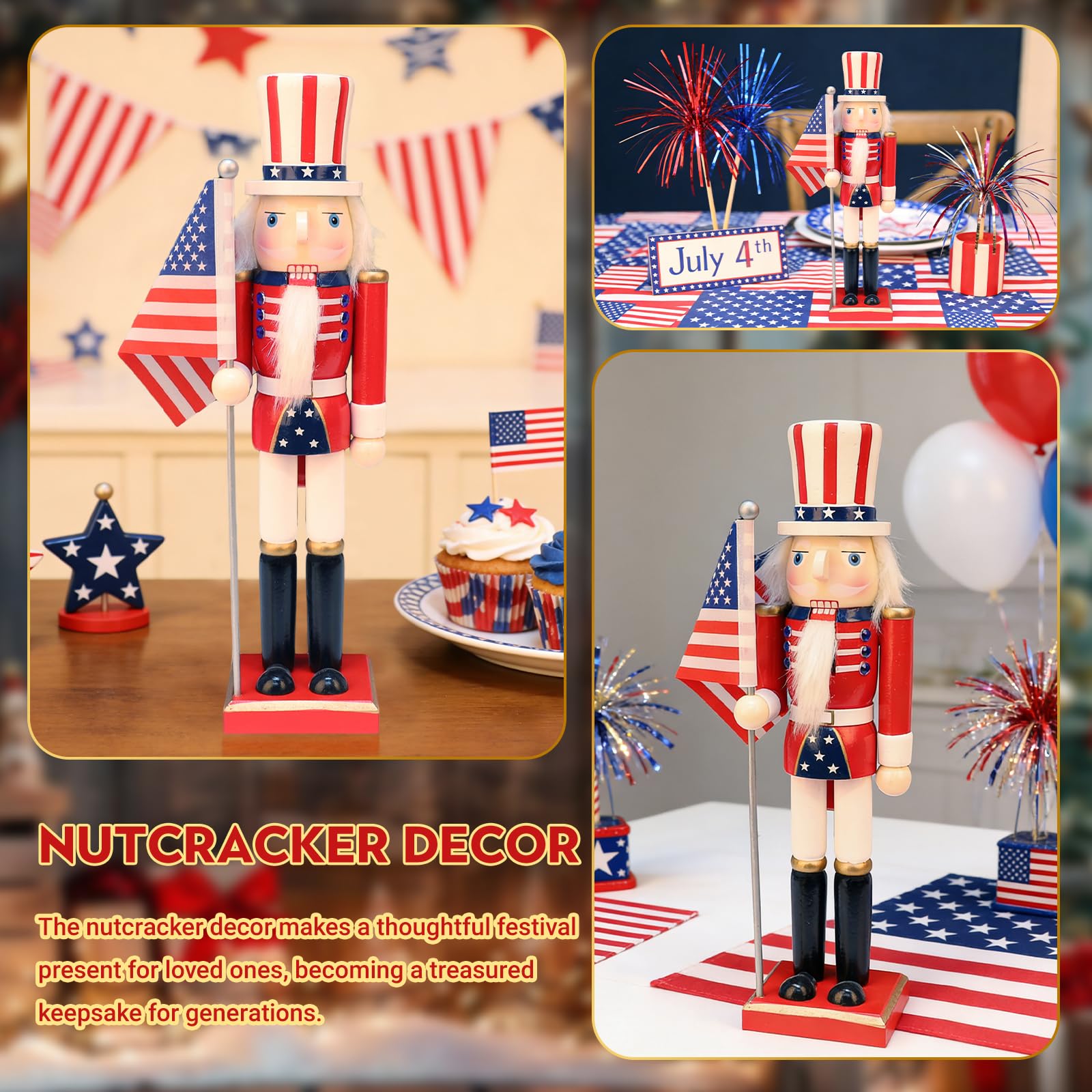 LAMPHOME 15 Inch Wooden American Flag Nutcracker Soldier Figurine with Wooden Base, Patriotic Collectible Statue, Tabletop Ornament for Independence Day, 4th of July & Christmas，Desktop Home Decor - Image 7