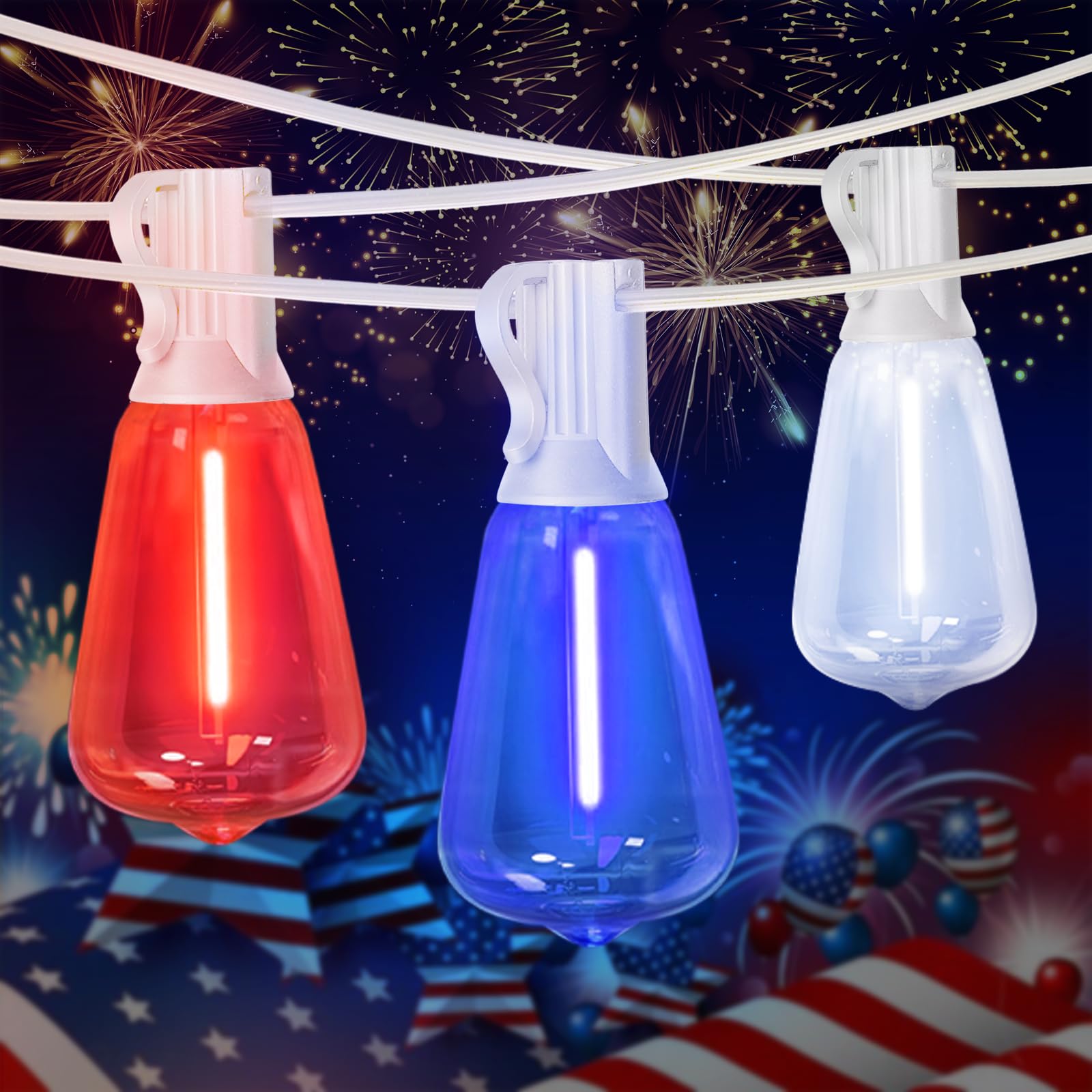 LAMPHOME 26Ft ST38 Red White Blue LED String Lights, Patriotic Red White and Blue Lights Outdoor Shatterproof Patio Lights, 12+1 Edison Bulbs 4th of July Lights for Independence Day Decor
