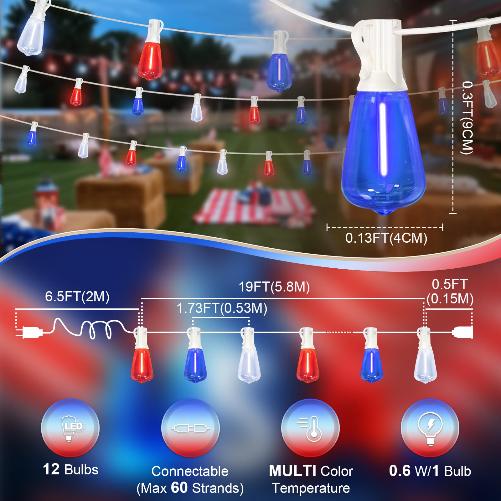 LAMPHOME 26Ft ST38 Red White Blue LED String Lights, Patriotic Red White and Blue Lights Outdoor Shatterproof Patio Lights, 12+1 Edison Bulbs 4th of July Lights for Independence Day Decor - Image 2