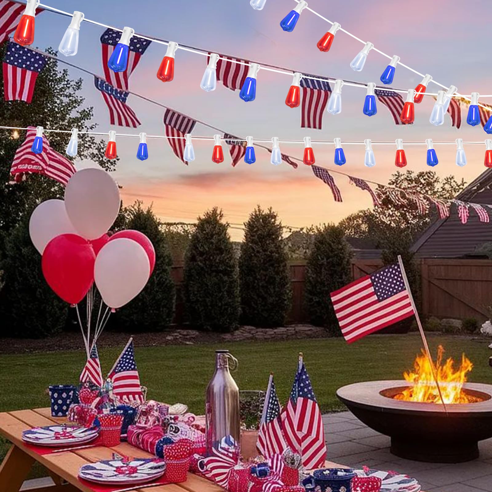 LAMPHOME 26Ft ST38 Red White Blue LED String Lights, Patriotic Red White and Blue Lights Outdoor Shatterproof Patio Lights, 12+1 Edison Bulbs 4th of July Lights for Independence Day Decor - Image 3