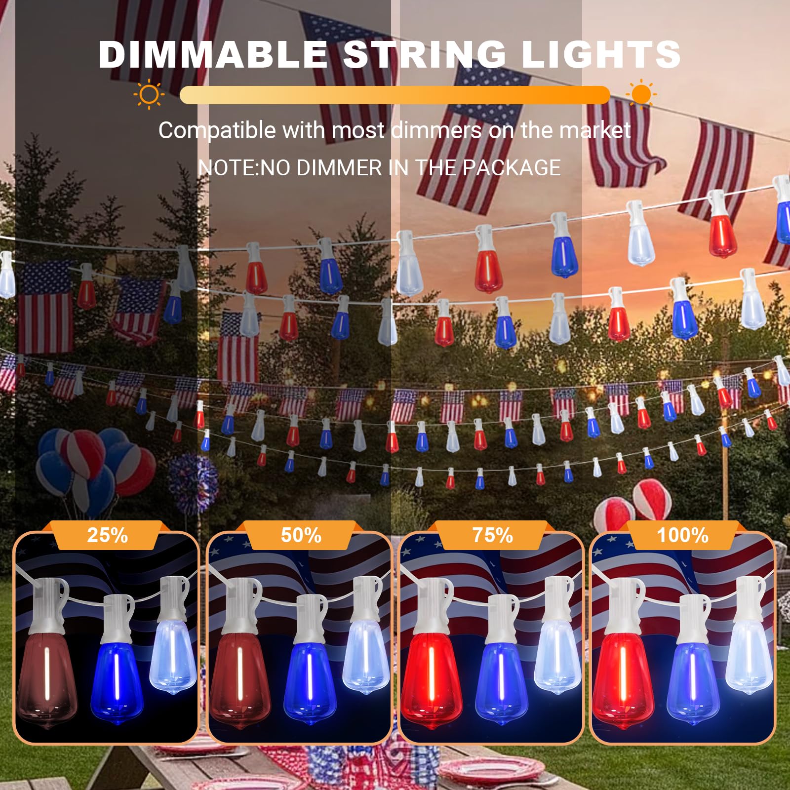 LAMPHOME 26Ft ST38 Red White Blue LED String Lights, Patriotic Red White and Blue Lights Outdoor Shatterproof Patio Lights, 12+1 Edison Bulbs 4th of July Lights for Independence Day Decor - Image 4