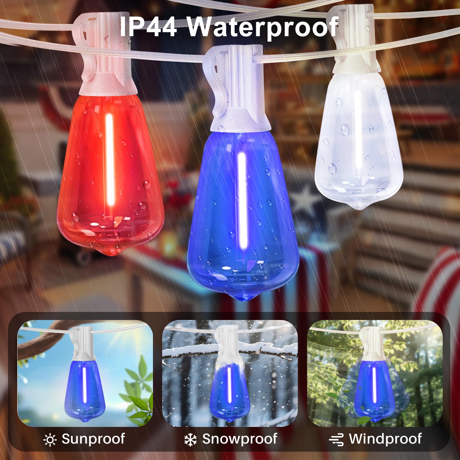 LAMPHOME 26Ft ST38 Red White Blue LED String Lights, Patriotic Red White and Blue Lights Outdoor Shatterproof Patio Lights, 12+1 Edison Bulbs 4th of July Lights for Independence Day Decor - Image 6