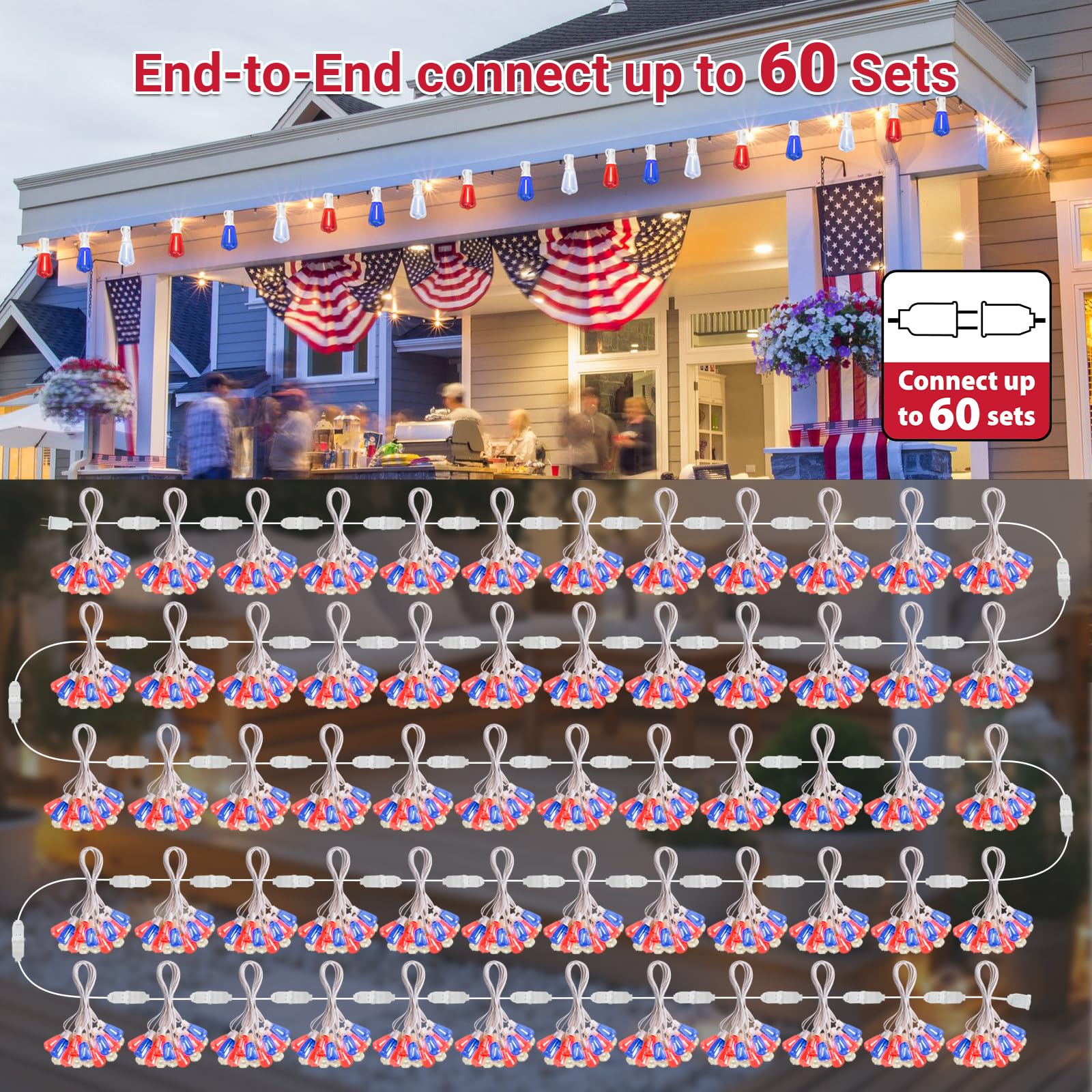 LAMPHOME 26Ft ST38 Red White Blue LED String Lights, Patriotic Red White and Blue Lights Outdoor Shatterproof Patio Lights, 12+1 Edison Bulbs 4th of July Lights for Independence Day Decor - Image 7