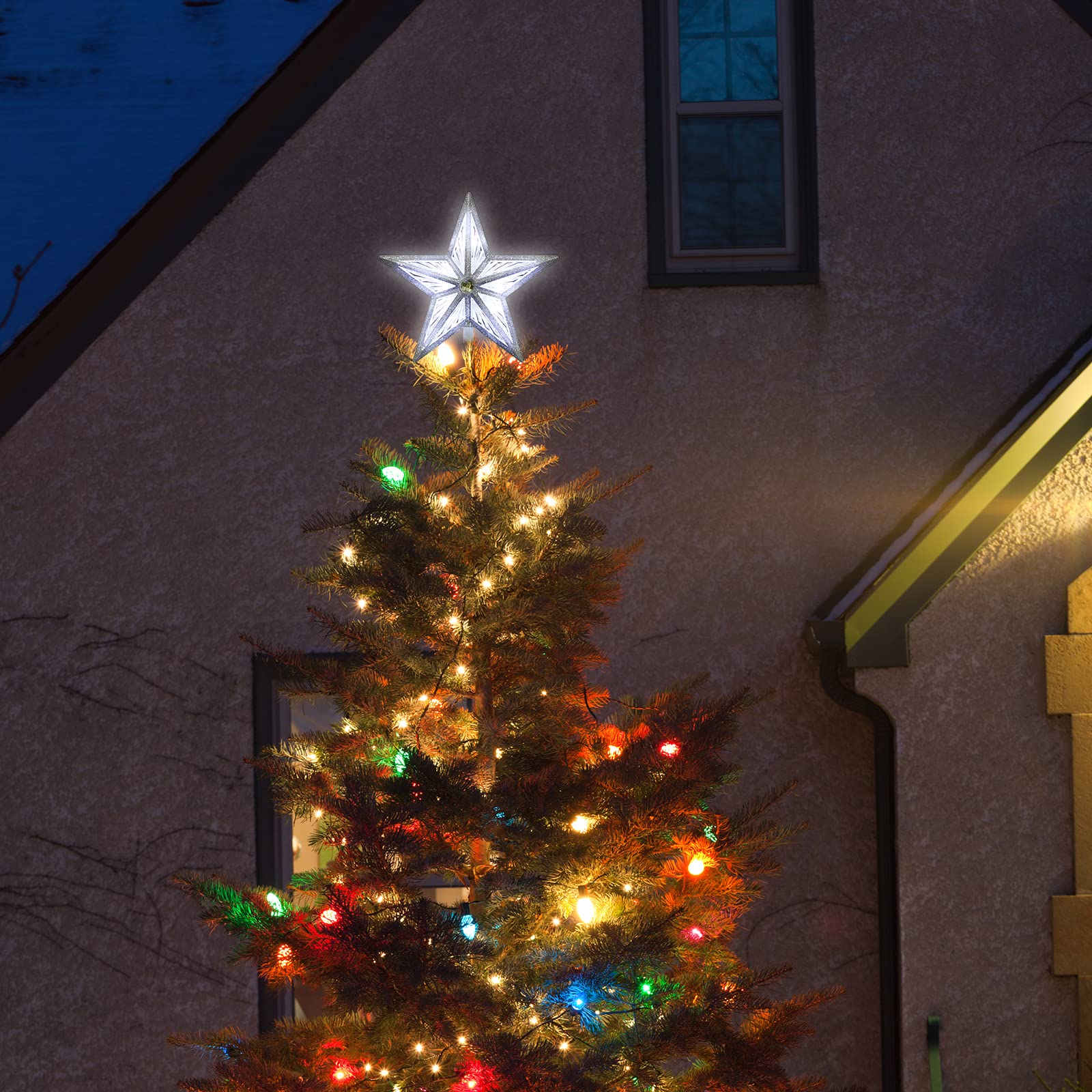 LAMPHOME 8'' 10LED Christmas Star Tree Topper, 3D Golden Glitter Tree Toppers Christmas Decorations for Christmas Tree( White), white Star - Image 3