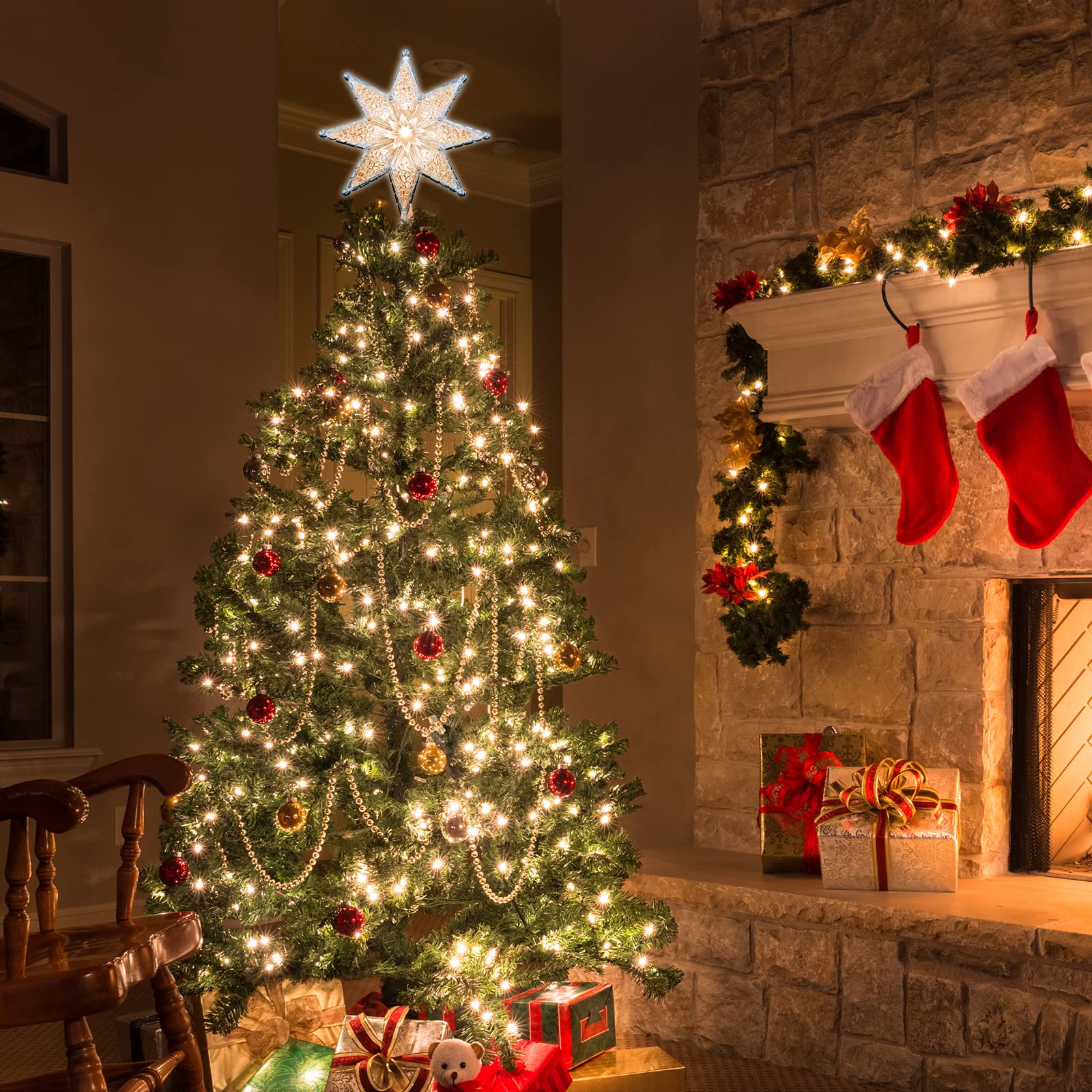 LAMPHOME 8" Lighted Double-Sided Star Tree Topper, 8-Point Star Xmas Tree Topper with 10 Clear Warm Lights, 120V UL Certified Tree top for Christmas Tree Ornament Party Home Decor - Image 4