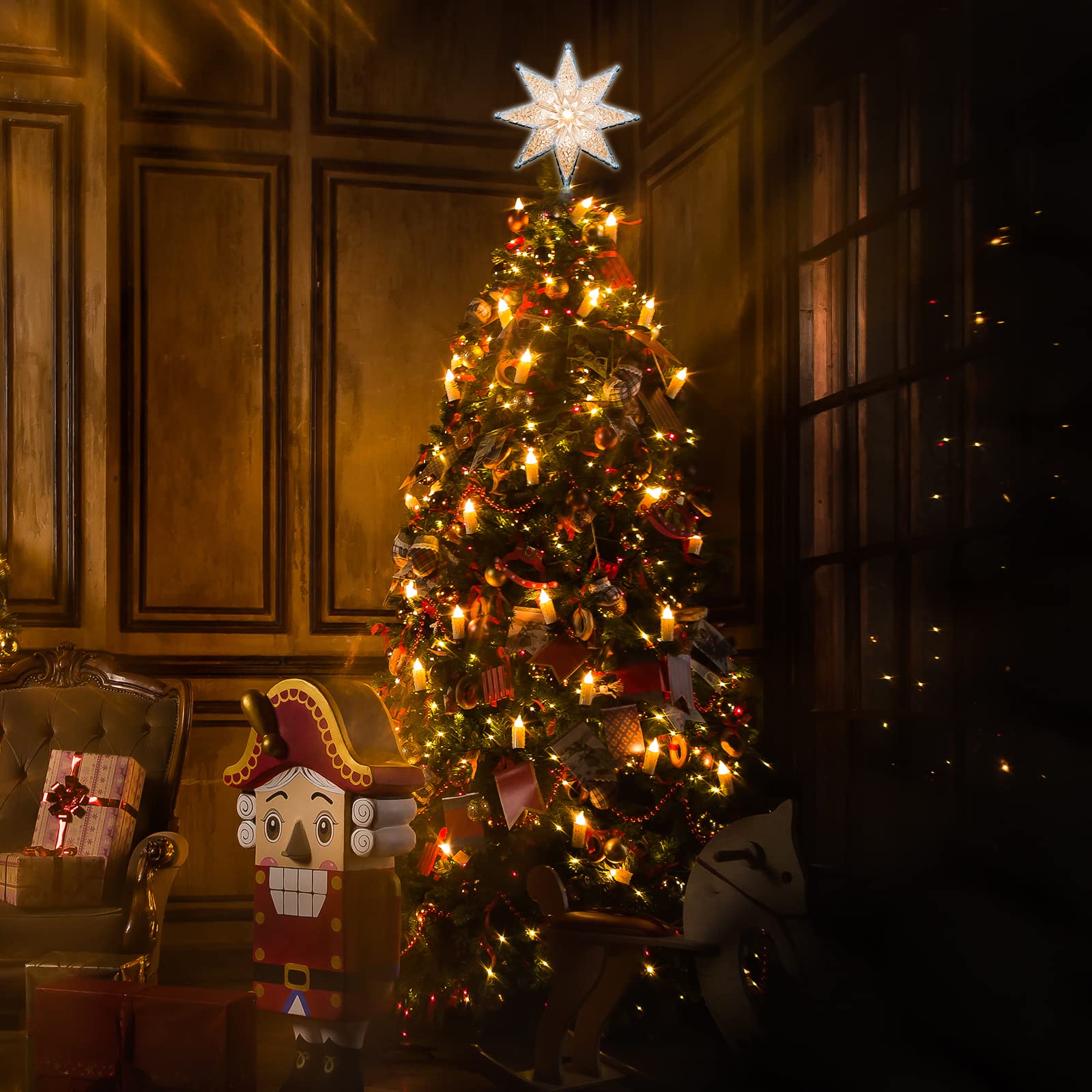 LAMPHOME 8" Lighted Double-Sided Star Tree Topper, 8-Point Star Xmas Tree Topper with 10 Clear Warm Lights, 120V UL Certified Tree top for Christmas Tree Ornament Party Home Decor - Image 6