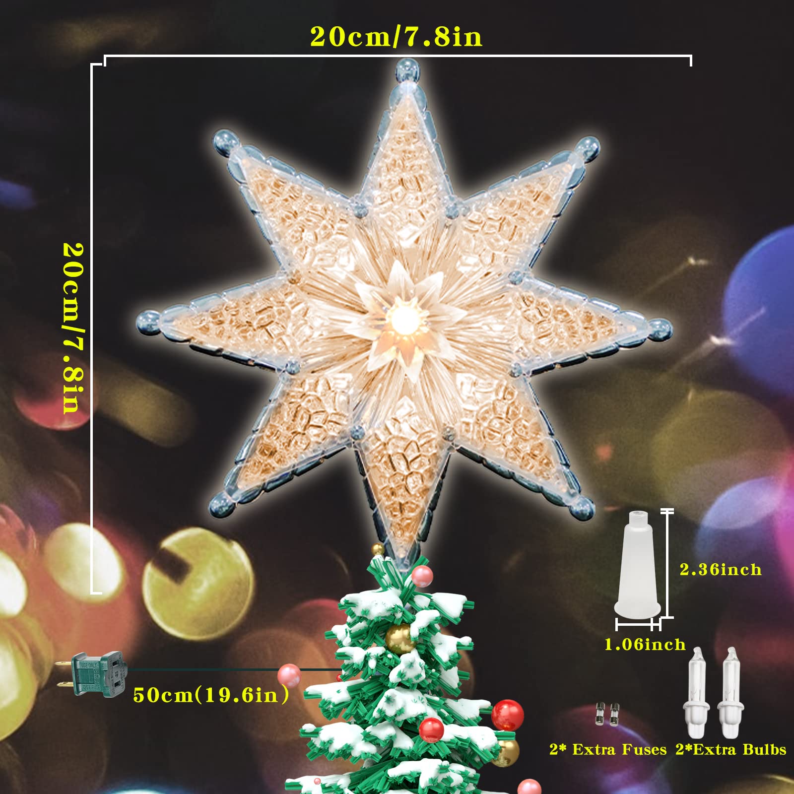 LAMPHOME 8" Lighted Double-Sided Star Tree Topper, 8-Point Star Xmas Tree Topper with 10 Clear Warm Lights, 120V UL Certified Tree top for Christmas Tree Ornament Party Home Decor - Image 7