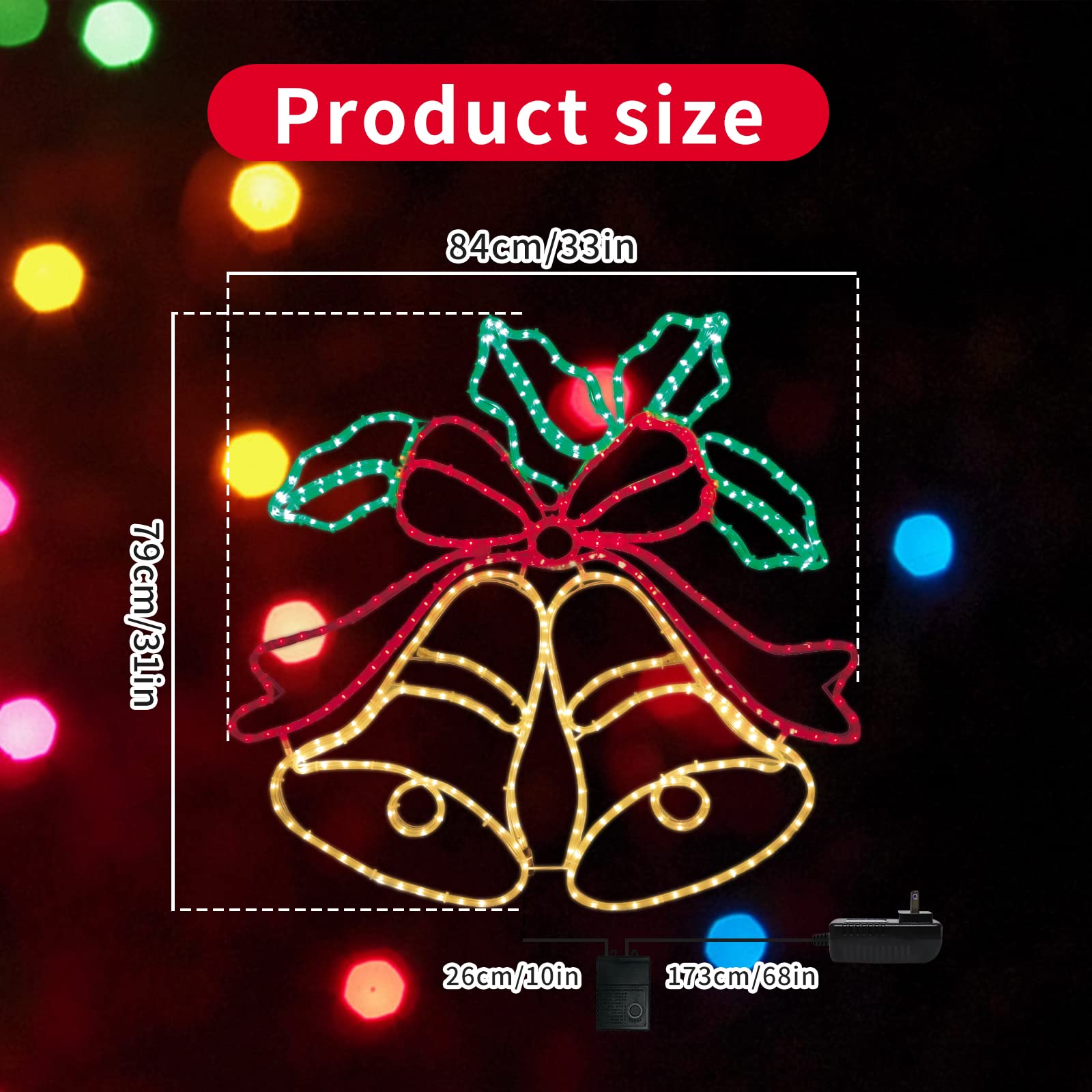 LAMPHOME [Large 33"x31" Animation 438 LED Bell Neon Motif Super-Bright Multi LEDs Outdoor Christmas Decoration with 11 Functions and Timer Waterproof for Outdoor Home Party Wall Hanging Holiday - Image 7