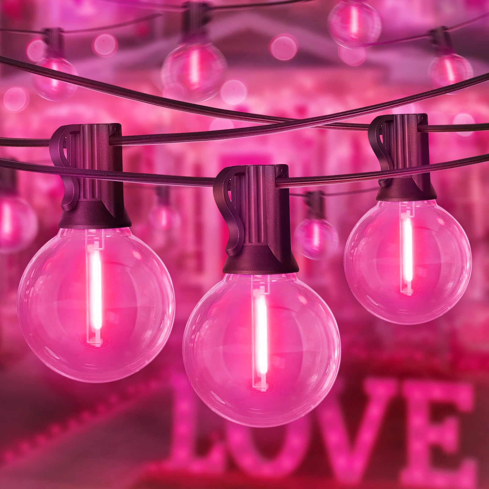 LAMPHOME Pink LED Outdoor String Lights, 26FT Patio Lights with 12+1 Shatterproof Edison Bulbs, UL Waterproof Connectable Dimmable Hanging Lights for Backyard Porch Garden Deck Balcony Decor