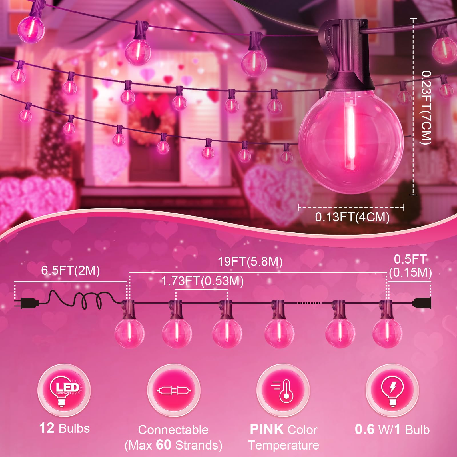 LAMPHOME Pink LED Outdoor String Lights, 26FT Patio Lights with 12+1 Shatterproof Edison Bulbs, UL Waterproof Connectable Dimmable Hanging Lights for Backyard Porch Garden Deck Balcony Decor - Image 3