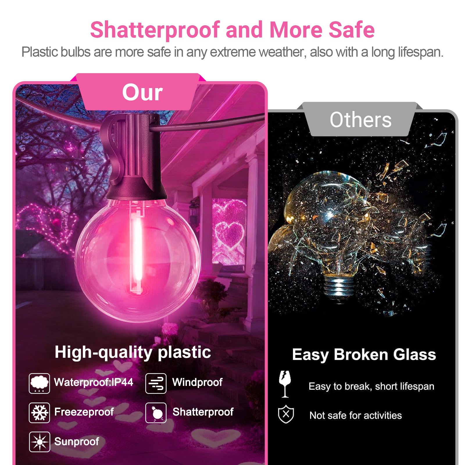 LAMPHOME Pink LED Outdoor String Lights, 26FT Patio Lights with 12+1 Shatterproof Edison Bulbs, UL Waterproof Connectable Dimmable Hanging Lights for Backyard Porch Garden Deck Balcony Decor - Image 5