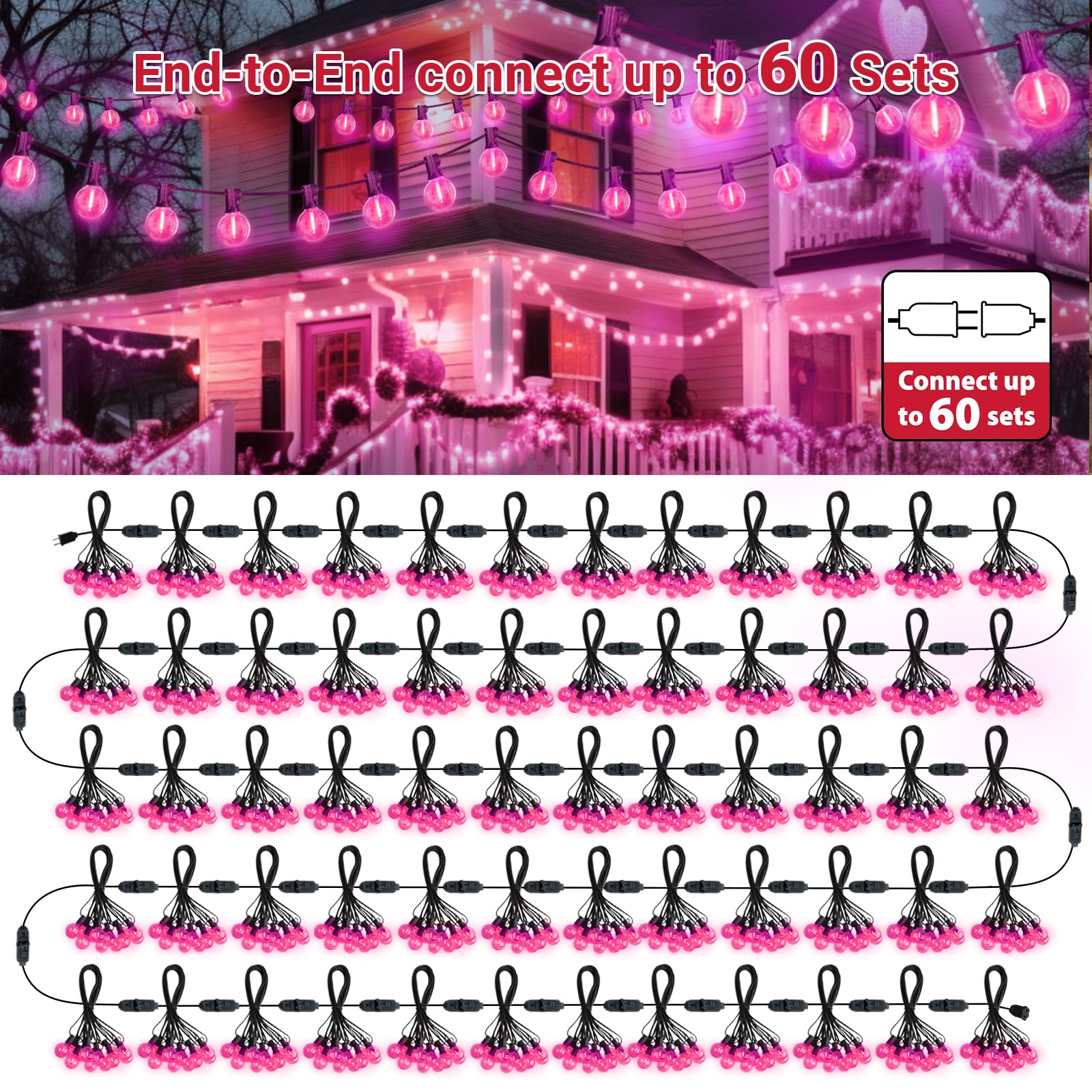 LAMPHOME Pink LED Outdoor String Lights, 26FT Patio Lights with 12+1 Shatterproof Edison Bulbs, UL Waterproof Connectable Dimmable Hanging Lights for Backyard Porch Garden Deck Balcony Decor - Image 6